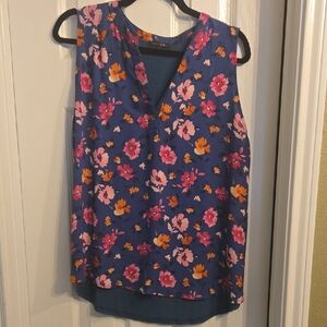 Papermoon Floral Sleeveless V-Neck Top - Deep Teal with Pink & Orange Blooms